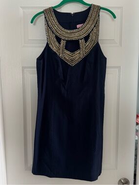 Lilly Pulitzer Embellished Navy Cocktail Mini Dress with Beaded Neckline